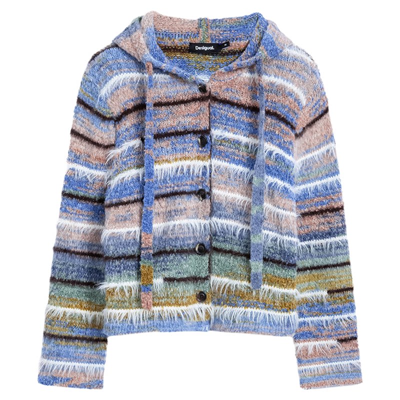 Desigual【明星同款】秋冬新品段染纱蓝白条纹连帽开衫女士针织衫