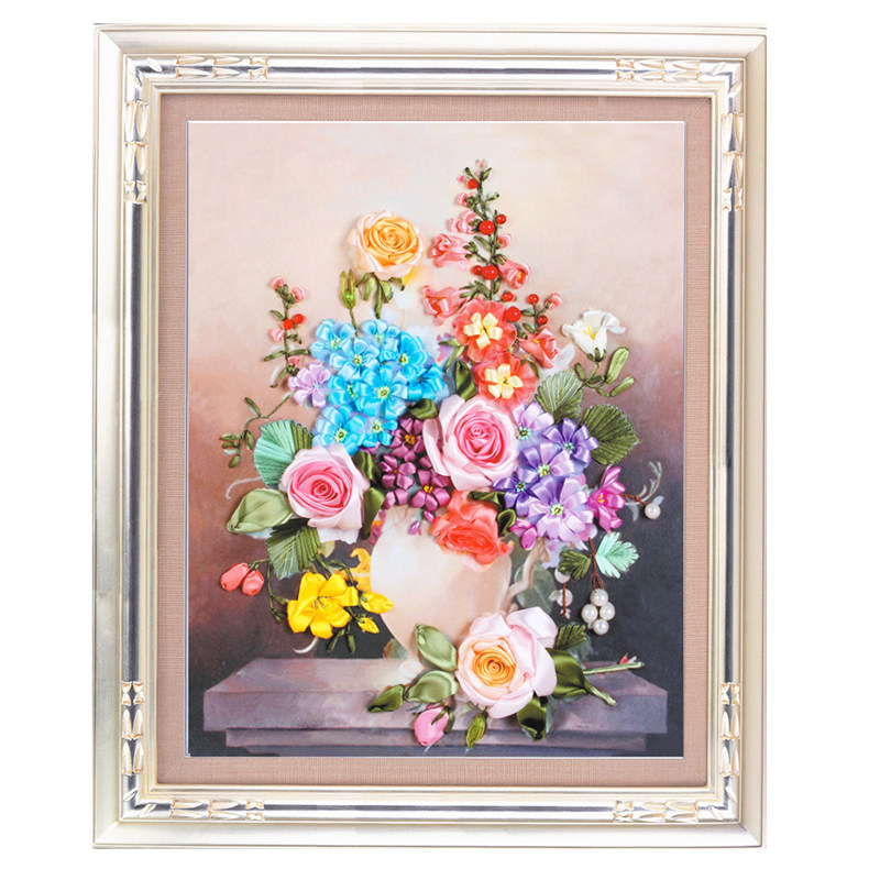 丝带绣新款立体绣手工刺绣自绣diy布艺材料包欧式花草客厅挂画