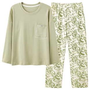 可人儿春秋季纯棉情侣长袖睡衣时尚高级感圆领全棉男女家居服套装