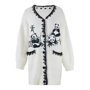 XUNRUO熏若 白色熊猫针织开衫羊毛混纺镶边毛衣女 独立设计师品牌
