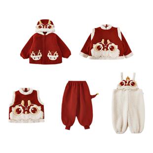 幼悠冬季男童神龙贴布绣标拼接毛绒连帽防风外套中国风年服套装潮