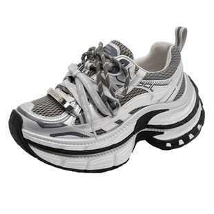 欧洲站网面老爹鞋女2026春季新款灰色系带厚底小个子运动休闲女鞋