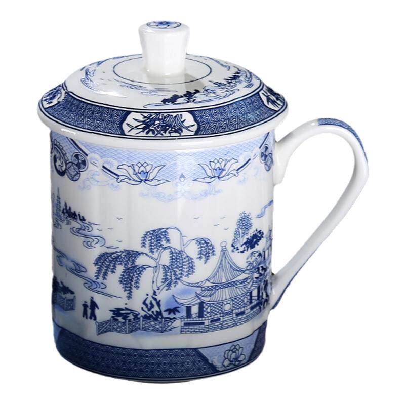 陶瓷大容量带盖茶杯青花瓷喝水杯