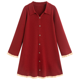 撞色花边小香内搭针织裙胖莹莹大码女装秋冬小个子显瘦红色连衣裙