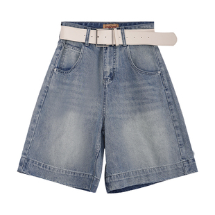 ODonedu美式复古做旧洗水直筒牛仔裤女夏2026新款五分裤阔腿中裤