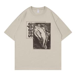 SUEDE山羊皮乐队复古美式街头vtg落肩宽松纯棉圆领摇滚短袖T恤衫