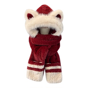 可爱小熊拼色毛绒帽子围巾手套一体女冬款加绒加厚骑车护耳保暖帽