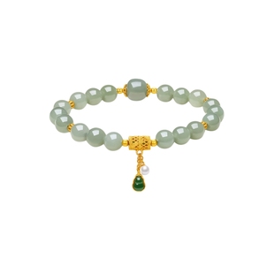 周六福和田青玉手串女珍珠葫芦手链S925银甜美时尚送女友新年礼物