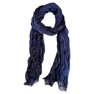 森系复古文艺藏蓝色碎花围巾褶皱棉麻长款披肩氛围感云南拍照配饰