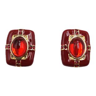 中古法式复古红色宝石方形耳环气质金属耳钉无耳洞耳夹B880