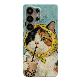 头巾奶茶猫适用三星S26ultra手机壳s24/s23/s22note20ultra/s25ultra半包硬壳韩国涂层菲林个性创意新款