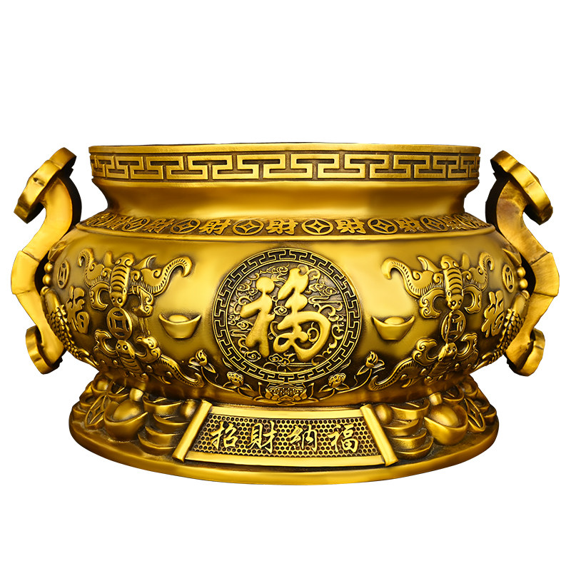 纯黄铜五福如意香炉聚宝盆摆件