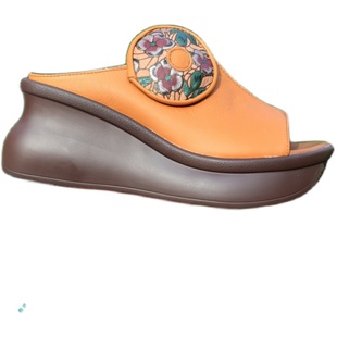 新中式高跟女士拖鞋子外穿2025新款夏季印花妈妈鞋真皮鱼嘴一字拖