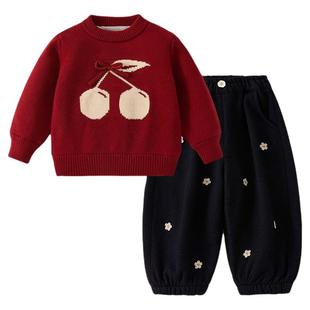 女童套装2025新款本命年儿童加厚冬装宝宝周岁礼服巨好看红色毛衣