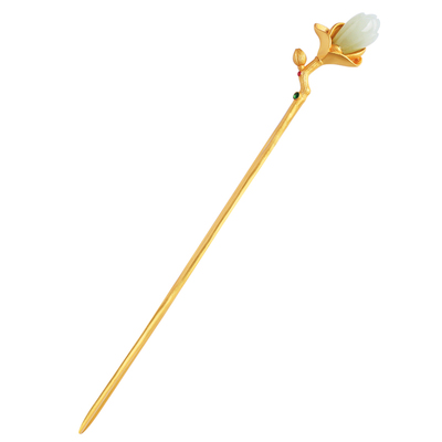 小银匠天然和田玉纯银郁金香发簪