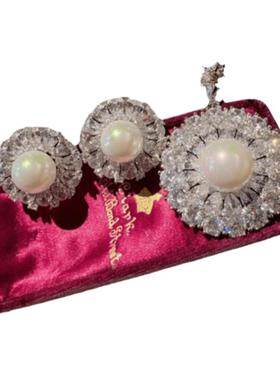 意大利奢华繁花宝石珍珠项链Vintage几何大锆石波光贝珠项链耳环