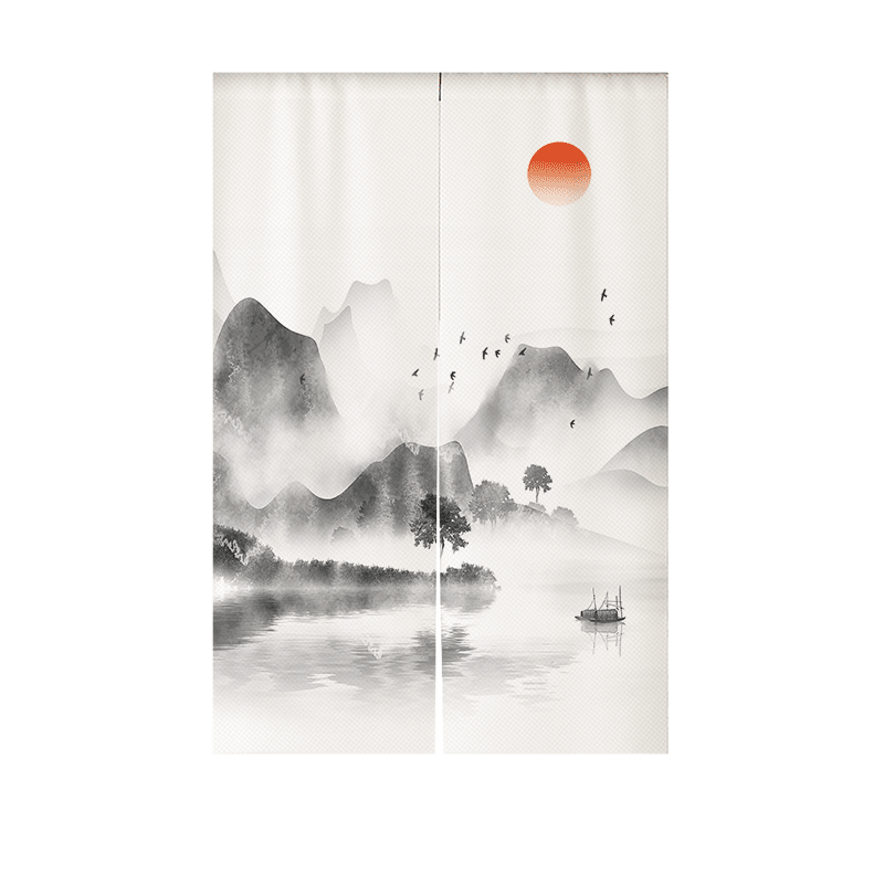 茶室隔断遮挡帘免打孔山水花
