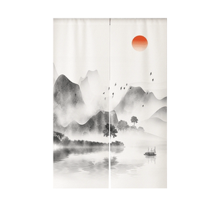 新中式山水门帘厨房家用卫生间茶室布艺隔断遮挡帘免打孔定制布帘