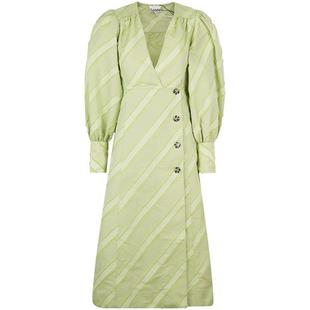 【折扣】GANNI 女士纽扣泡泡袖斜条纹塔夫绸V领长袖裹身连衣裙