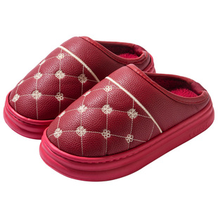 红色拖鞋一对结婚喜庆冬PU防水加绒加厚室内居家情侣拖鞋EVA厚底