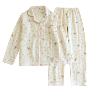 加厚四层纱睡衣女春秋款纯棉纱布可爱小熊全棉婴儿棉纱家居服套装