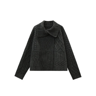 HVIVI 绵羊毛复古麻花设计感翻领毛衣宽松慵懒针织开衫外套秋冬
