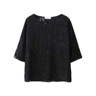 一丝牵 真丝顺纡国风剪花绡圆领提花宽松100%桑蚕丝中袖上衣夏女