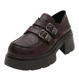 真皮乐福鞋女款2026新款松糕单鞋魔术贴厚底小皮鞋配裙子大头皮鞋