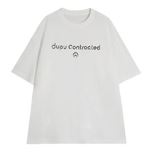 DUPU 简约基础款纯色LOGO水洗做旧感印花宽松T恤