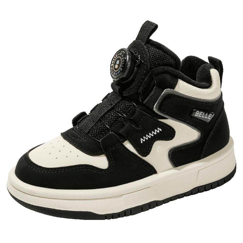 百丽童鞋男女童旋转扣高帮板鞋加绒保暖运动鞋冬季时尚百搭休闲鞋