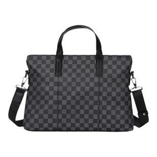 潮牌时尚男士手提包横款皮质文件公文包休闲出差单肩电脑包格子包