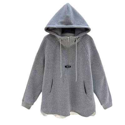 半拉链中长款连帽卫衣女秋冬加绒加厚宽松休闲洋气内搭打底衫上衣