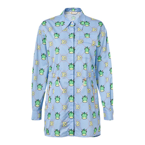 kodice春秋新款女装蓝色印花衬衫翻领单排扣长袖抽绳收腰衬衣上衣