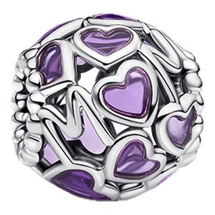 Pandora潘多拉镂空心形母爱串饰珐琅工艺紫色DIY礼物设计别致优雅