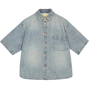 蓬马大童牛仔衬衫短袖棉麻混纺宽松春装男女儿童pomme de terre