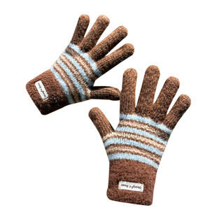 2025年新款条纹毛线手套女士秋冬季加厚触屏防寒保暖针织露指手套