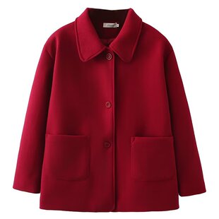 翠袖大码女装胖mm双面呢子大衣女中长款2025秋冬新款红色毛呢外套