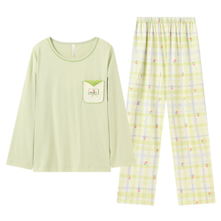 玛伦萨纯棉睡衣女款2025新款春秋家居服套装长袖长裤大码圆领套头