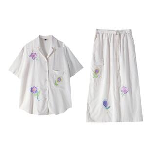 有耳uare原创设计 花的宇宙 亚麻棉纺小喜花朵刺绣衬衫半身裙套装