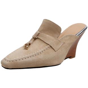 春季新款复古包头坡跟半拖鞋女小方头木纹跟外穿高跟穆勒鞋子