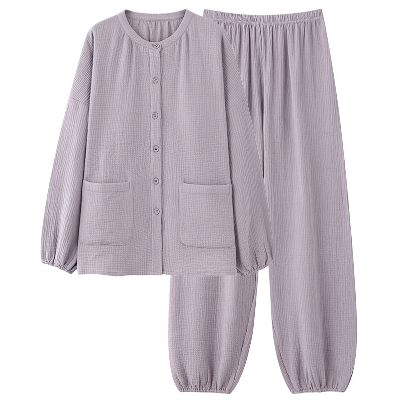 妈妈睡衣女款长袖纯棉纱布带胸垫睡衣/家居服套装