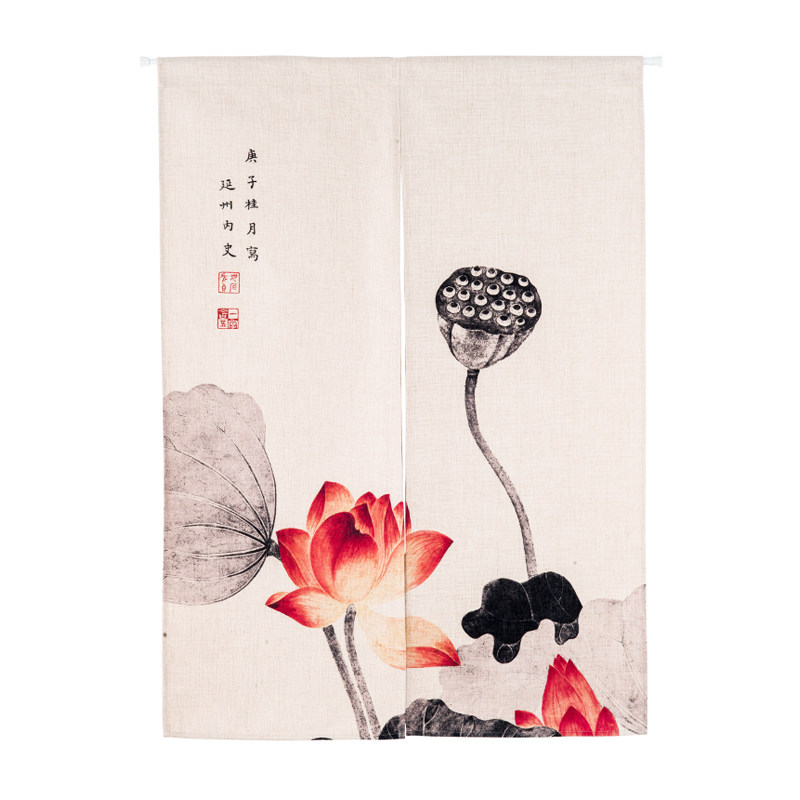 古典风荷花山棉麻玄关浴室遮光帘