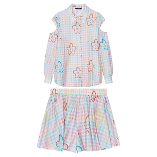 妖精的口袋多巴胺格子露肩衬衫半身裙两件套装女2025年夏新款休闲