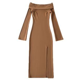 YoungGirlDay纯欲风性感一字肩修身显瘦长袖开叉中长款包臀连衣裙