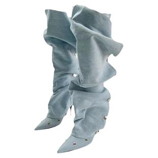 纽扣拼接两穿堆堆靴2026春夏新款辣妹高跟时装靴女尖头细跟长筒靴