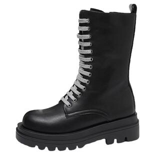 牛皮马丁靴女Aee/爱意英伦风4120605049机车靴子帅气厚底靴