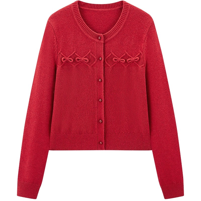 乐町小香风针织开衫25年冬季新款新年节庆正肩上衣蝴蝶结内搭毛衣