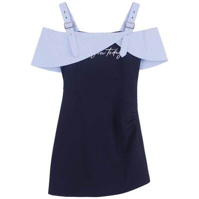 KEIKO 高智感一字露肩衬衫吊带裙2026春夏韩系格纹拼接包臀连衣裙