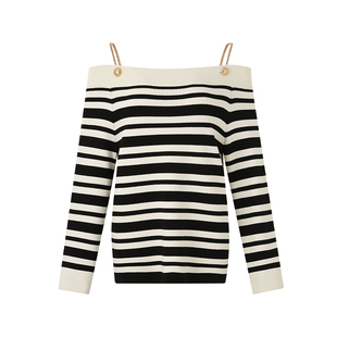 【李雪琴同款】DIANA VEVINA秋季一字肩拼色条纹针织毛边牛仔短裤