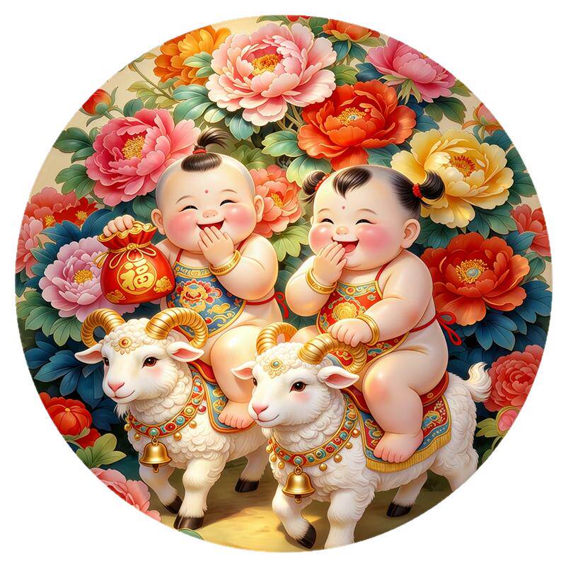 喜娃驮福袋骑祥羊圆墙贴画好撕无残胶乔迁添丁兴旺遮瑕装饰贴纸画